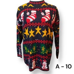 Vtg Golden Touch Ugly Christmas Sweater Sz 20W Stockings Stars Snowmen Black
